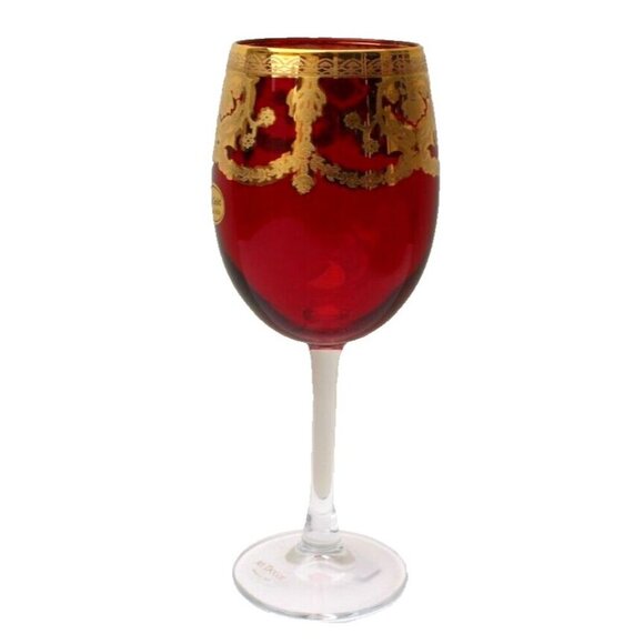 New Ornate Ruby Red Wine Glass W/ Real Gold Trim Decor Tall Goblets Italy - Picture 1 of 2